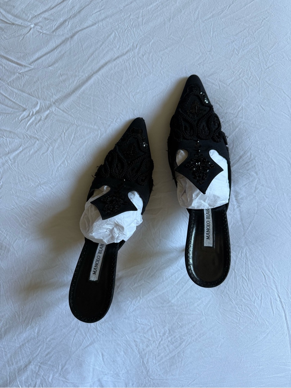 Manolo Blahnik Black Beaded Pointed-Toe Mules/Heels. Rare vintage from 2004
